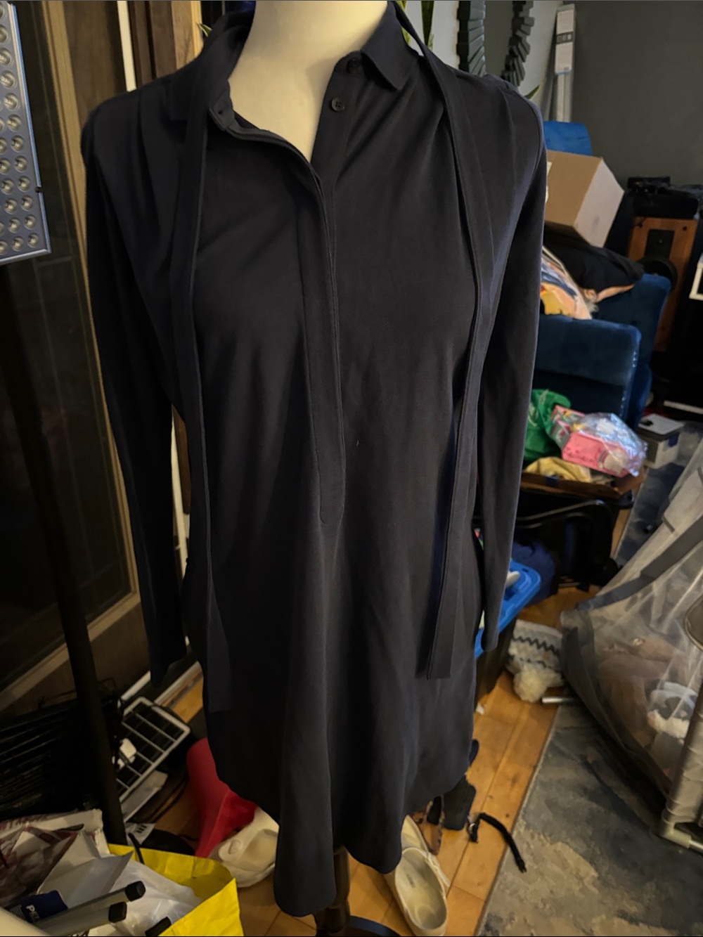Lacoste Shirt Dress Blue Long Sleeve Tie Waist Mini Dress - Picture 2 of 4